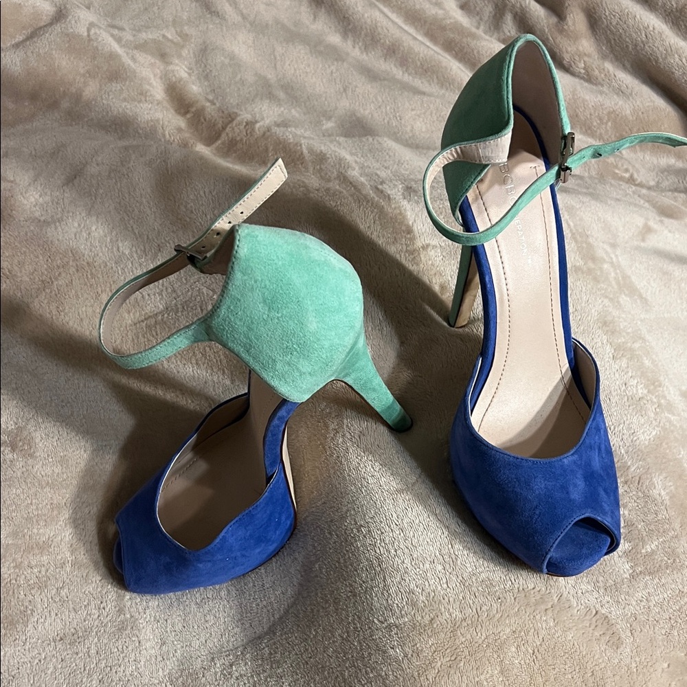 BCBG Blue and Green Peep-Toe Heels